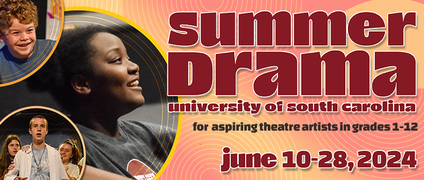 Logo for USC Summer Drama Conservatory surrounded by photos of children acting.