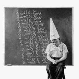 a black and white picture of a child wearing a conical dunce cap in front of a blackboard. 'I will Be Good' is written in cursive on the blackboard.