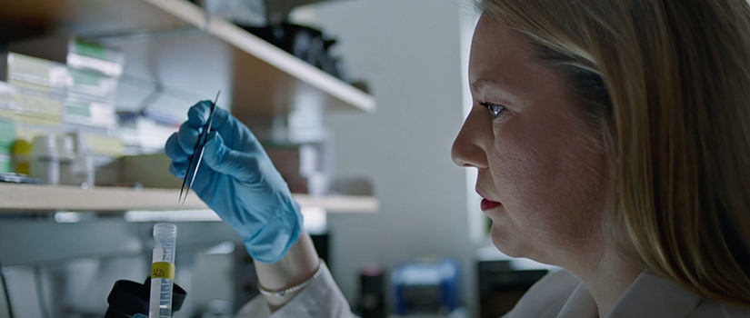 Dr. Melissa Nolan examining a test tube in a lab